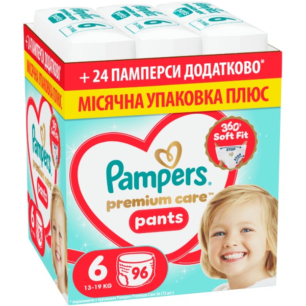Фото - Одноразові підгузки-трусики Pampers Premium Care Pants Розмір 6 (13-19 кг) 96 шт (80894761)